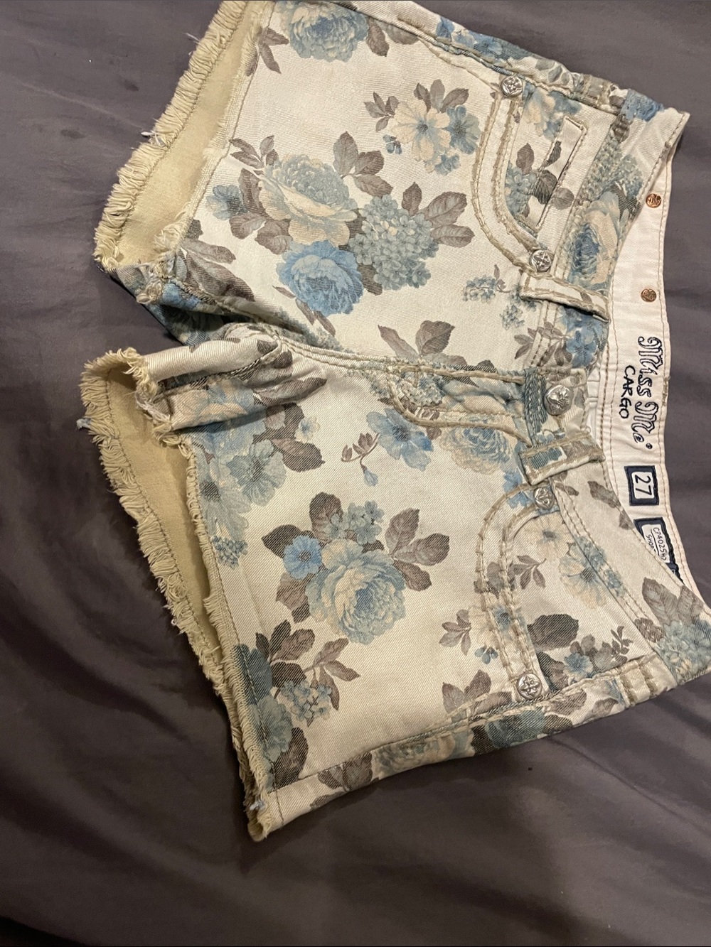 Miss Me Blue and Cream Floral Denim Cutoff Shorts